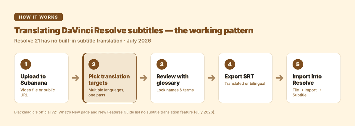 Workflow: translating DaVinci Resolve subtitles with Subanana — upload, pick translation targets, review with glossary, export SRT, import into Resolve
