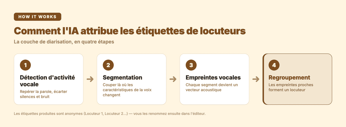 Les quatre étapes de la diarisation : détection d'activité vocale, segmentation, empreintes vocales, regroupement en locuteurs