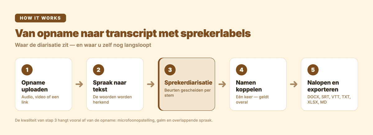 Stappenplan van opname naar transcript met sprekerlabels: uploaden, spraak naar tekst, sprekerdiarisatie, namen koppelen, nalopen en exporteren