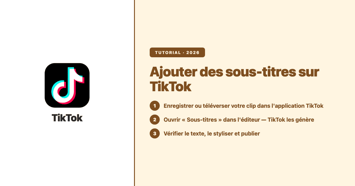 Logo TikTok avec trois étapes numérotées pour ajouter des sous-titres – tutoriel Subanana