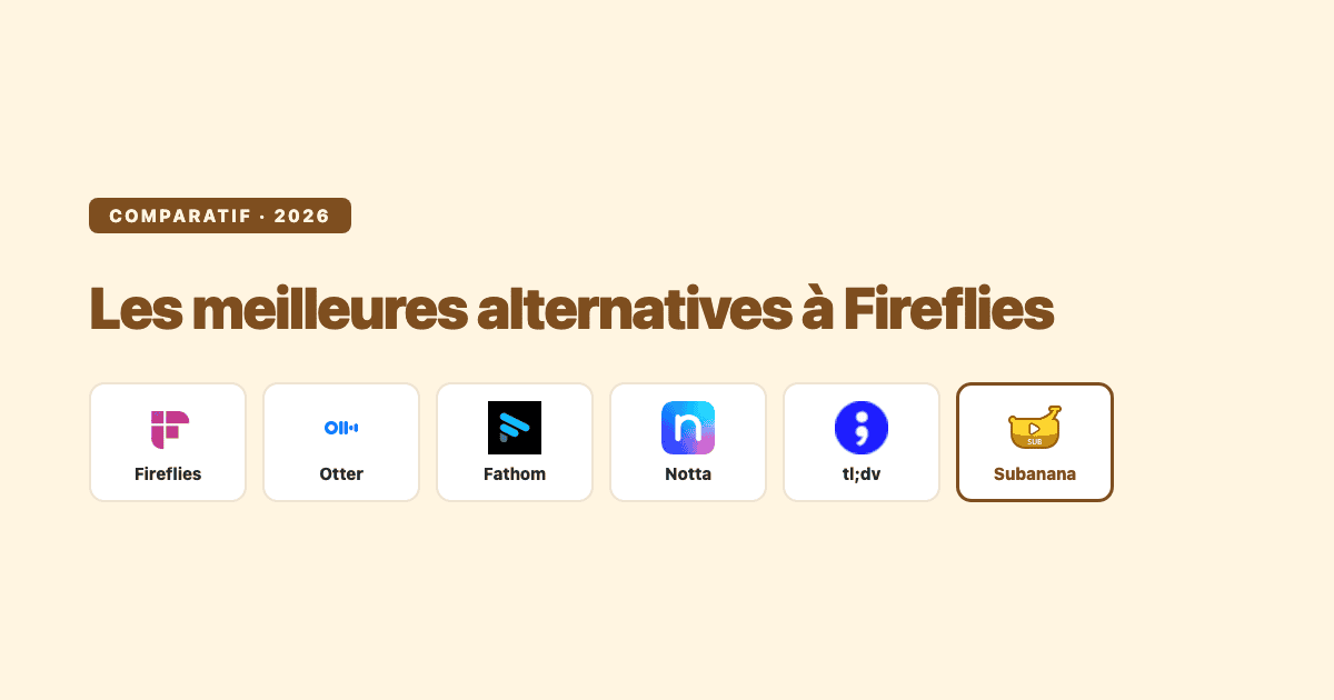 Les meilleures alternatives à Fireflies en 2026 — comparatif éditorial de Subanana : Fireflies, Otter, Fathom, Notta, tl;dv et Subanana