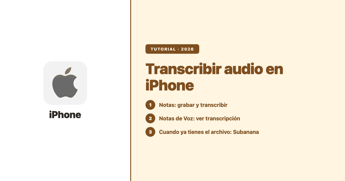 Cómo transcribir audio en iPhone: pasos en Notas, Notas de Voz y Dictado, y Subanana como alternativa