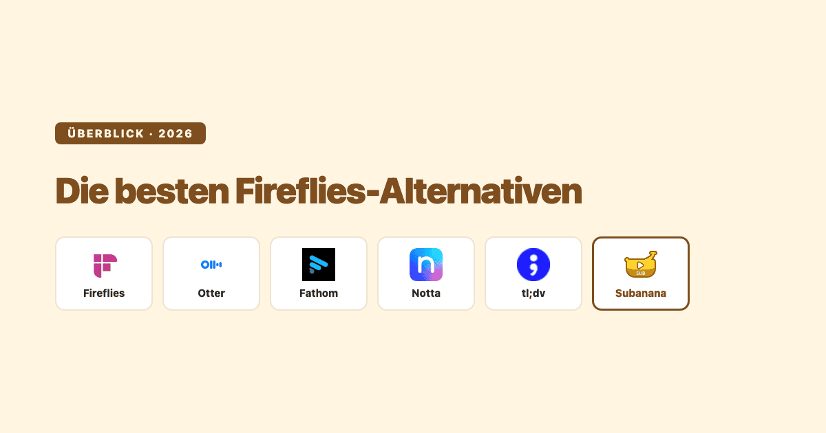Die besten Fireflies-Alternativen 2026 — redaktioneller Vergleich von Subanana: Fireflies, Otter, Fathom, Notta, tl;dv und Subanana