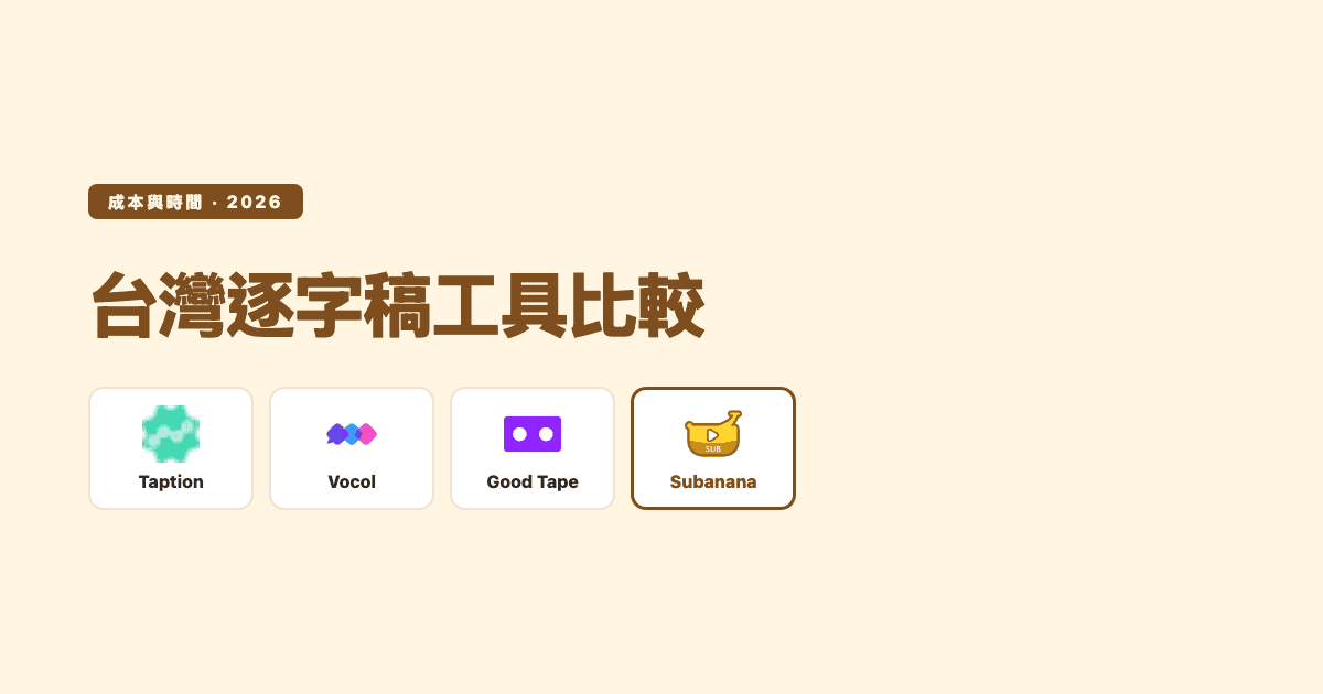 台灣逐字稿工具比較 2026:Taption、Vocol、Good Tape 與 Subanana 的成本與時間