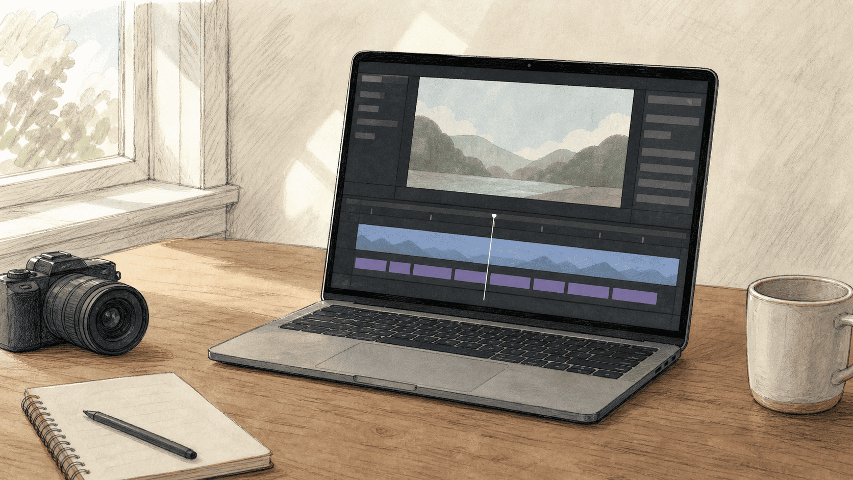 Hand-drawn illustration of a creator's desk with a laptop showing a video editor timeline of abstract track bars, a compact camera at the edge of the frame, a simple notebook, a pen and a mug in soft daylight