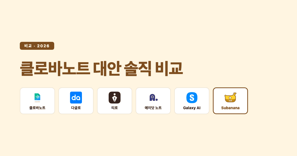 클로바노트 대안 솔직 비교 — 클로바노트·다글로·티로·에이닷 노트·Galaxy AI·Subanana