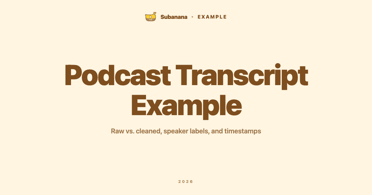 Podcast transcript example: raw vs. cleaned, speaker labels, and timestamps