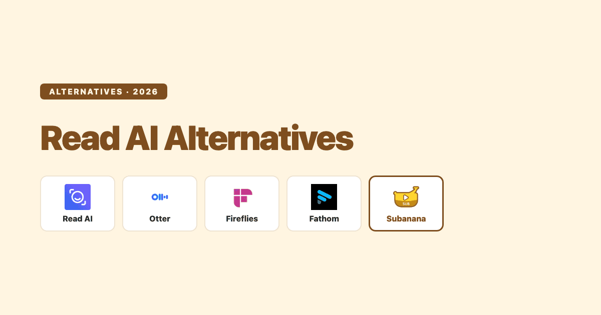 Read AI Alternatives 2026: logos for Read AI, Otter, Fireflies, Fathom, and Subanana