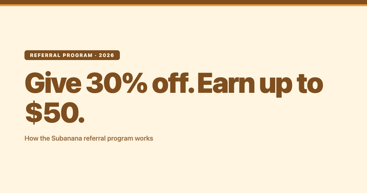 Subanana referral program — give friends 30% off and earn up to $50 per referral