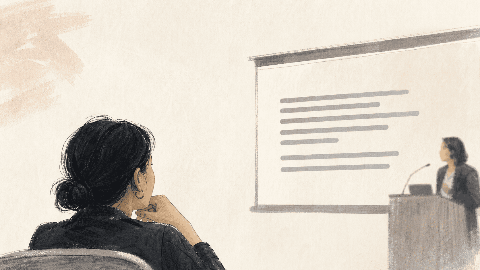 Hand-drawn illustration: side view of an attendee at a small event watching a speaker present at the front, with abstract live caption bars visible on the projection screen behind the speaker