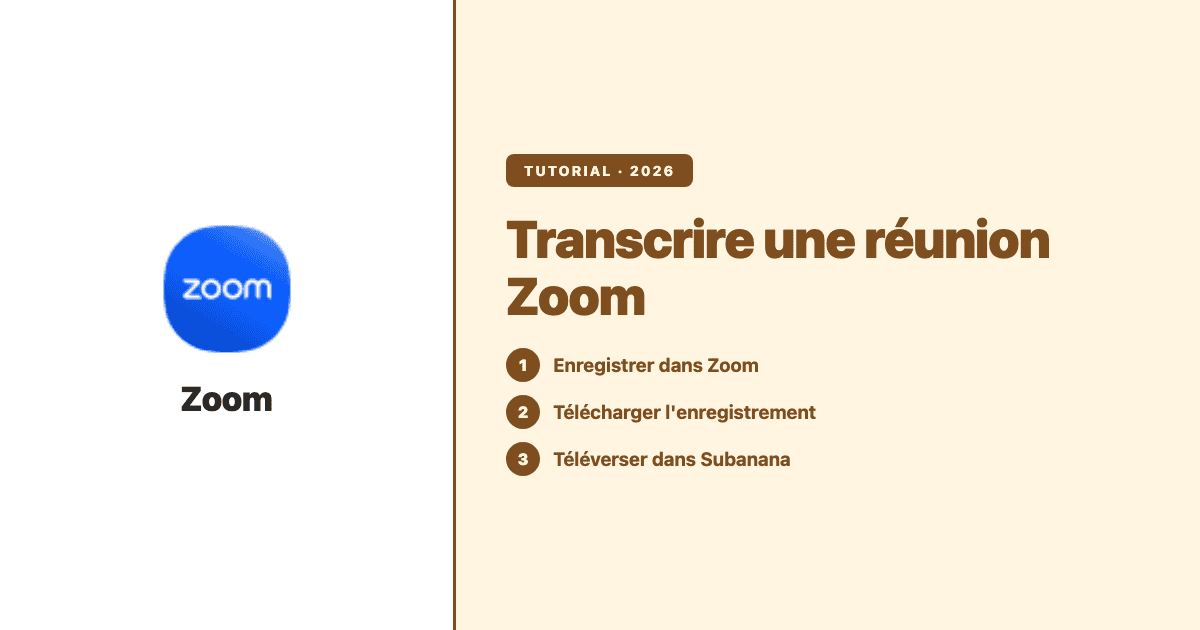 Transcrire une réunion Zoom : enregistrer dans Zoom, télécharger l'enregistrement, téléverser dans Subanana