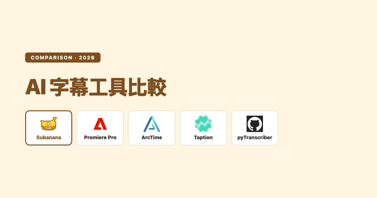 AI 字幕 App 比較 2026：5 款主流工具實測（Subanana、Premiere Pro、ArcTime、Taption、pyTranscriber）