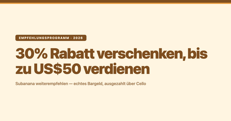 Das Subanana-Empfehlungsprogramm: 30% Rabatt verschenken, bis zu US$50 verdienen